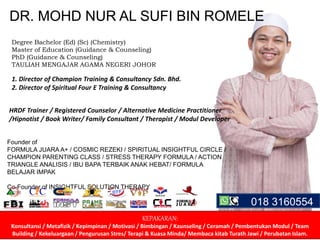 DR. MOHD NUR AL SUFI BIN ROMELE
Degree Bachelor (Ed) (Sc) (Chemistry)
Master of Education (Guidance & Counseling)
PhD (Guidance & Counseling)
TAULIAH MENGAJAR AGAMA NEGERI JOHOR
1. Director of Champion Training & Consultancy Sdn. Bhd.
2. Director of Spiritual Four E Training & Consultancy
KEPAKARAN:
Konsultansi / Metafizik / Kepimpinan / Motivasi / Bimbingan / Kaunseling / Ceramah / Pembentukan Modul / Team
Building / Kekeluargaan / Pengurusan Stres/ Terapi & Kuasa Minda/ Membaca kitab Turath Jawi / Perubatan Islam.
HRDF Trainer / Registered Counselor / Alternative Medicine Practitioner
/Hipnotist / Book Writer/ Family Consultant / Therapist / Modul Developer
Founder of
FORMULA JUARA A+ / COSMIC REZEKI / SPIRITUAL INSIGHTFUL CIRCLE /
CHAMPION PARENTING CLASS / STRESS THERAPY FORMULA / ACTION
TRIANGLE ANALISIS / IBU BAPA TERBAIK ANAK HEBAT/ FORMULA
BELAJAR IMPAK
Co-Founder of INSIGHTFUL SOLUTION THERAPY
018 3160554
 