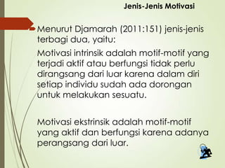 Menurut Djamarah (2011:151) jenis-jenis
terbagi dua, yaitu:
Motivasi intrinsik adalah motif-motif yang
terjadi aktif atau berfungsi tidak perlu
dirangsang dari luar karena dalam diri
setiap individu sudah ada dorongan
untuk melakukan sesuatu.
Motivasi ekstrinsik adalah motif-motif
yang aktif dan berfungsi karena adanya
perangsang dari luar.
Jenis-Jenis Motivasi
 