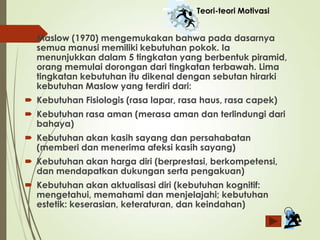  Maslow (1970) mengemukakan bahwa pada dasarnya
semua manusi memiliki kebutuhan pokok. Ia
menunjukkan dalam 5 tingkatan yang berbentuk piramid,
orang memulai dorongan dari tingkatan terbawah. Lima
tingkatan kebutuhan itu dikenal dengan sebutan hirarki
kebutuhan Maslow yang terdiri dari:
 Kebutuhan Fisiologis (rasa lapar, rasa haus, rasa capek)
 Kebutuhan rasa aman (merasa aman dan terlindungi dari
bahaya)
 Kebutuhan akan kasih sayang dan persahabatan
(memberi dan menerima afeksi kasih sayang)
 Kebutuhan akan harga diri (berprestasi, berkompetensi,
dan mendapatkan dukungan serta pengakuan)
 Kebutuhan akan aktualisasi diri (kebutuhan kognitif:
mengetahui, memahami dan menjelajahi; kebutuhan
estetik: keserasian, keteraturan, dan keindahan)
Teori-teori Motivasi
 