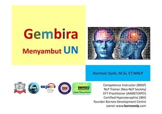 Gembira
Menyambut UN
Norman Syah, M.Si, CT.NNLP
Competence Instructor (BNSP)
NLP Trainer (Neo-NLP Society)
EFT Practitioner (AAMET/APEI)
Certified Hypnoteraphist (IBH)
founder Borneo Development Centre
owner www.borneonlp.com
 