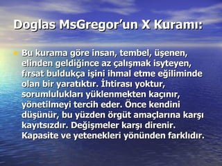 Doglas MsGregor’un X Kuramı:   Bu kurama göre insan, tembel, üşenen, elinden geldiğince az çalışmak isyteyen, fırsat buldukça işini ihmal etme eğiliminde olan bir yaratıktır. İhtirası yoktur, sorumlulukları yüklenmekten kaçınır, yönetilmeyi tercih eder. Önce kendini düşünür, bu yüzden örgüt amaçlarına karşı kayıtsızdır. Değişmeler karşı direnir. Kapasite ve yetenekleri yönünden farklıdır. 