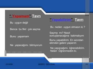 “  Yapamam ”  Tavrı “ Yapabilirim ”  Tavrı Bu  uygun değil Bu  neden  uygun olmasın ki ? Bence  bu fikir  çok saçma Saçma  mı? Nasıl  sonuçlanacağına  bakmalıyım Bunu  yapamam Bunu yapabilirim. En azından  elimden geleni yaparım Ne  yapacağımı  bilmiyorum Ne yapacağımı  öğrenebilirim.  Neleri  Öğrenmedim ki.  