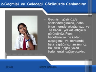 2-Geçmişi  ve  Geleceği  Gözünüzde Canlandırın   Geçmişi  gözünüzde canlandırdığınızda,  daha önce  nerede  olduğunuzu  ve  ne kadar  yol kat  ettiğinizi  görürsünüz. Planlı  hedeflerinize  ne kadar  ulaştığınızı  ve  nerelerde  hata  yaptığınızı  anlarsınız. Bu  sizin  doğru  yolda ilerlemenizi  sağlayacaktır. 