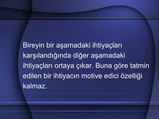 Bireyin bir aşamadaki ihtiyaçları
karşılandığında diğer aşamadaki
ihtiyaçları ortaya çıkar. Buna göre tatmin
edilen bir ihtiyacın motive edici özelliği
kalmaz.
 