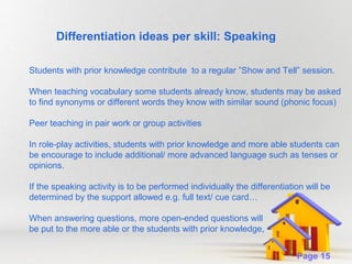 Differentiation ideas per skill: Speaking
Students with prior knowledge contribute to a regular ”Show and Tell” session.
When teaching vocabulary some students already know, students may be asked
to find synonyms or different words they know with similar sound (phonic focus)
Peer teaching in pair work or group activities
In role-play activities, students with prior knowledge and more able students can
be encourage to include additional/ more advanced language such as tenses or
opinions.
If the speaking activity is to be performed individually the differentiation will be
determined by the support allowed e.g. full text/ cue card…
When answering questions, more open-ended questions will
be put to the more able or the students with prior knowledge,
Powerpoint Templates

Page 15

 