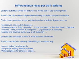 Differentiation ideas per skill: Writing
Students substitute words for pictures in a model text or use a writing frame.
Student use help sheets independently with key phrases/ prompts/ vocabulary.
Students are requested to use a defined number of stylistic devices such as:
*connectives: and, or, but, because …
*sentence starters: firstly, secondly… on the one hand, on the other hand, in general…
*opinions: I think, I believe, In my opinion… (+ justification of opinions)
*qualifier and adverbs: quite, very, a lot, extremely …
Students are requested to refer to more than one time frame.
Students are asked to develop their writing in a creative way:
*poems: finding rhyming words
*songs/raps: writing additional verses
*Writing captions for cartoons, photos…
Powerpoint Templates

Page 17

 
