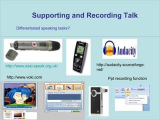 Supporting and Recording Talk
Differentiated speaking tasks?

http://www.easi-speak.org.uk/

http://audacity.sourceforge.
net/

http://www.voki.com

Ppt recording function

Powerpoint Templates

Page 32

 