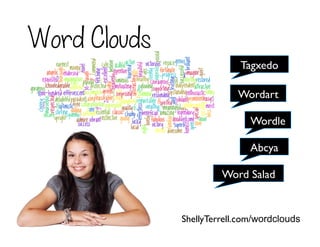 ShellyTerrell.com/wordclouds
Word Salad
Tagxedo
Wordart
Wordle
Abcya
Word Clouds
 