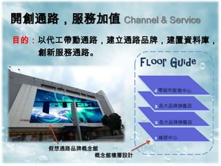 開創通路，服務加值 Channel & Service
目的：以代工帶動通路，建立通路品牌，建置資料庫，
   創新服務通路。




     假想通路品牌概念館
             概念館樓層設計
 
