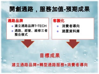 開創通路，服務加值-預期成果
通路品牌            客製化
 建立通路品牌T•TECH     消費者導向
 通路、經營、維修三者       建置資料庫
 整合模式
 