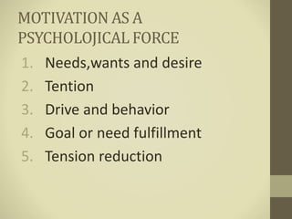 MOTIVATION AS A
PSYCHOLOJICAL FORCE
1. Needs,wants and desire
2. Tention
3. Drive and behavior
4. Goal or need fulfillment
5. Tension reduction
 