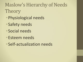 Maslow's Hierarchy of Needs
Theory
•Physiological needs
•Safety needs
•Social needs
•Esteem needs
•Self-actualization needs
 