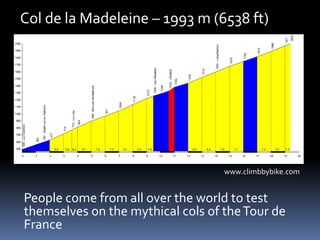 People come from all over the world to test
themselves on the mythical cols of theTour de
France
Col de la Madeleine – 199...