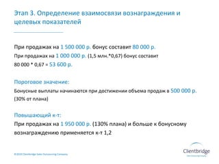 Этап 3. Определение взаимосвязи вознаграждения и целевых показателей ©20 10  Clientbridge Sales Outsourcing Company При продажах на  1 500 000 р.  бонус составит  80 000 р. При продажах на  1 000 000 р.  (1,5 млн.*0,67) бонус составит  80 000 * 0,67 =  53 600 р.  Пороговое значение: Бонусные выплаты начинаются при достижении объема продаж в  500 000 р.  (30% от плана) Повышающий к-т: При продажах на  1 950 000   р.  (130% плана) и больше к бонусному вознаграждению применяется к-т 1,2 