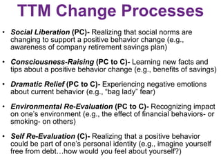 TTM Change Processes
• Social Liberation (PC)- Realizing that social norms are
changing to support a positive behavior cha...