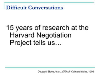 Difficult Conversations
15 years of research at the
Harvard Negotiation
Project tells us…
Douglas Stone, et al., Difficult Conversations, 1999
 
