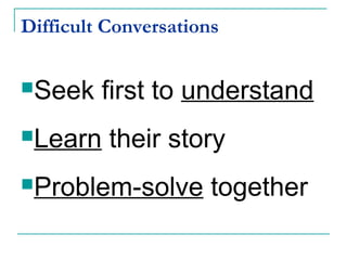 Difficult Conversations
Seek first to understand
Learn their story
Problem-solve together
 