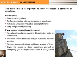 MCCLELLAND’S: ACHIEVEMENT 
The belief that it is important to meet or exceed a standard of 
excellence. 
Focus upon: 
 Out-performing others 
 Performing against internal standards of excellence 
 Achieving unique or innovative accomplishments 
 Long-range career planning 
If you scored highest in Achievement: 
 You place importance on doing things better, faster or 
in new ways 
 You want to use time well and get frustrated by time-wasting 
 You can see organizational politics as a waste of time 
 Given the choice of doing something yourself or 
delegating, you would probably choose to do it yourself 
 