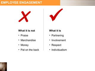 X  
What it is 
• Partnering 
• Involvement 
• Respect 
• Individualism 
EMPLOYEE ENGAGEMENT 
What it is not 
• Praise 
• Merchandise 
• Money 
• Pat on the back 
 