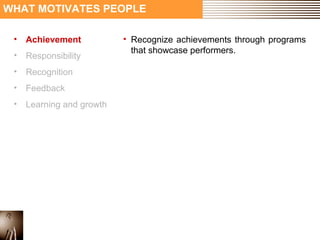 WHAT MOTIVATES PEOPLE 
• Achievement 
• Responsibility 
• Recognition 
• Feedback 
• Learning and growth 
• Recognize achievements through programs 
that showcase performers. 
 