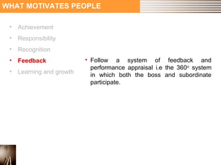 WHAT MOTIVATES PEOPLE 
• Achievement 
• Responsibility 
• Recognition 
• Feedback 
• Learning and growth 
• Follow a system of feedback and 
performance appraisal i.e the 360o system 
in which both the boss and subordinate 
participate. 
 