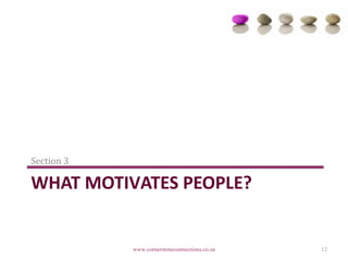 Section 3

WHAT MOTIVATES PEOPLE?


            www.cornerstoneconnections.co.za   12
 
