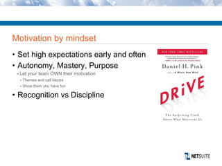 Motivation by mindset
• Set high expectations early and often
• Autonomy, Mastery, Purpose
- Let your team OWN their motivation
- Themes and call blocks
- Show them you have fun
• Recognition vs Discipline
 