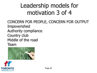 Leadership models for
        motivation 3 of 4
CONCERN FOR PEOPLE, CONCERN FOR OUTPUT
Impoverished
Authority compliance
Country club
Middle of the road
Team




                 Page 22
 