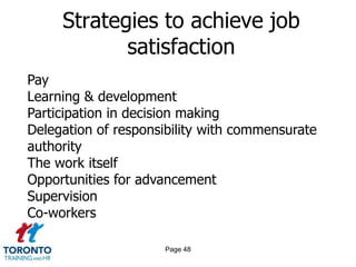 Strategies to achieve job
            satisfaction
Pay
Learning & development
Participation in decision making
Delegation of responsibility with commensurate
authority
The work itself
Opportunities for advancement
Supervision
Co-workers

                     Page 48
 