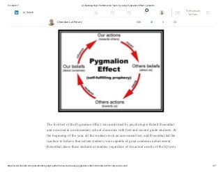 11/12/2017 (2) Building High Performance Team by using Pygmalion Effect | LinkedIn
https://www.linkedin.com/pulse/building-high-performance-team-using-pygmalion-effect-chandan-lal/?trk=mp-reader-card 3/7
The crux of this psychological phenomenon is the concept of self-fulfilling prophecy: If
you believe something is true of yourself, eventually it will be.
The first test of the Pygmalion Effect was performed by psychologist Robert Rosenthal
and occurred in an elementary school classroom with first and second grade students. At
the beginning of the year, all the students took an assessment test, and Rosenthal led the
teachers to believe that certain students were capable of great academic achievement.
Rosenthal chose these students at random, regardless of the actual results of the IQ tests.
Chandan Lal Patary 348 10 5 23
2 Try Premium
for Free
Search
 