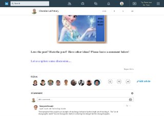 Love the post? Hate the post? Have other ideas? Please leave a comment below!
Let us explore some discussion....
Report this
9 Likes
1 Comment
Add a comment…
Narayann Swaami
Agile Coach and Technology Leader
2y
The example of the couple is an example of resolving a behavior by the simple act of tracking it. The "art of
changing the world" has not changed in itself, it is in being the change that the change happens.
Chandan Lal Patary 211 9 1 14
Edit article
Try Premium
for Free
Search
 