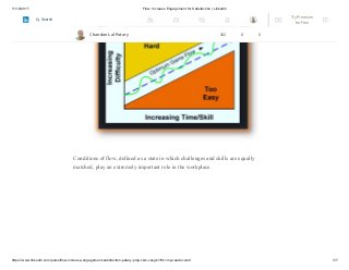 11/12/2017 Flow: Increase Engagement for Satisfaction | LinkedIn
https://www.linkedin.com/pulse/flow-increase-engagement-satisfaction-patary-pmp-csm-cssgb/?trk=mp-reader-card 3/7
Conditions of flow, defined as a state in which challenges and skills are equally
matched, play an extremely important role in the workplace.
Chandan Lal Patary 162 8 0
Try Premium
for Free
Search
 
