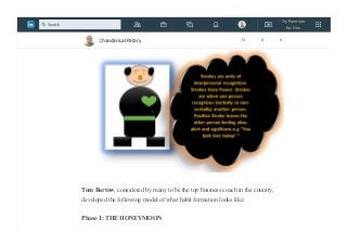 I had decided to make it a habit , to give positive stroke while discussing with others
wherever possible. I have followed a process to make it a habit.Let us find how?
Tom Bartow, considered by many to be the top business coach in the country,
developed the following model of what habit formation looks like:
Phase 1: THE HONEYMOON
Chandan Lal Patary 74 6 0
Try Premium
for Free
Search
 