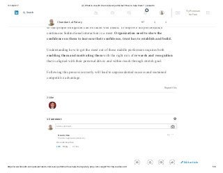 11/12/2017 (2) What to do with the mid-level performer?How to help them? | LinkedIn
https://www.linkedin.com/pulse/what-do-mid-level-performerhow-help-them-patary-pmp-csm-cssgb/?trk=mp-reader-card 5/6
Mid-level performer are essential for the organization growth. Mentoring them, guiding
them, train them will be helpful to the organization for long term. Managers need to
provide continuous feedback to the team members, guide them and show the direction
so that proper mitigation can be taken well ahead. To improve the performance
continuous bidirectional interaction is a must. Organization need to show the
confidence on them to increase their confidence, trust has to establish and build.
Understanding how to get the most out of these middle performers requires both
enabling them and motivating them with the right mix of rewards and recognition
that is aligned with their personal drives and within reach through stretch goal.
Following this process correctly will lead to unprecedented success and sustained
competitive advantage.
Report this
1 Like
1 Comment
Add a comment…
Mandar Deo
Director Application Delivery
Like Reply 2 Likes
2y
Nice one very true
Chandan Lal Patary 97 1 1
Edit article
2 Try Premium
for Free
Search
 