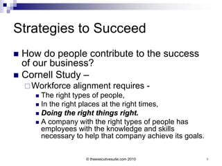Strategies to Succeed
 How do people contribute to the success
  of our business?
 Cornell Study –
     Workforce   alignment requires -
       The right types of people,
       In the right places at the right times,
       Doing the right things right.
       A company with the right types of people has
        employees with the knowledge and skills
        necessary to help that company achieve its goals.

                     © theexecutivesuite.com 2010           8
 