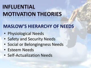 • Physiological Needs
• Safety and Security Needs
• Social or Belongingness Needs
• Esteem Needs
• Self-Actualization Needs
 