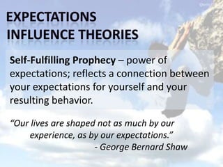 Self-Fulfilling Prophecy – power of
expectations; reflects a connection between
your expectations for yourself and your
resulting behavior.
“Our lives are shaped not as much by our
experience, as by our expectations.”
- George Bernard Shaw
 