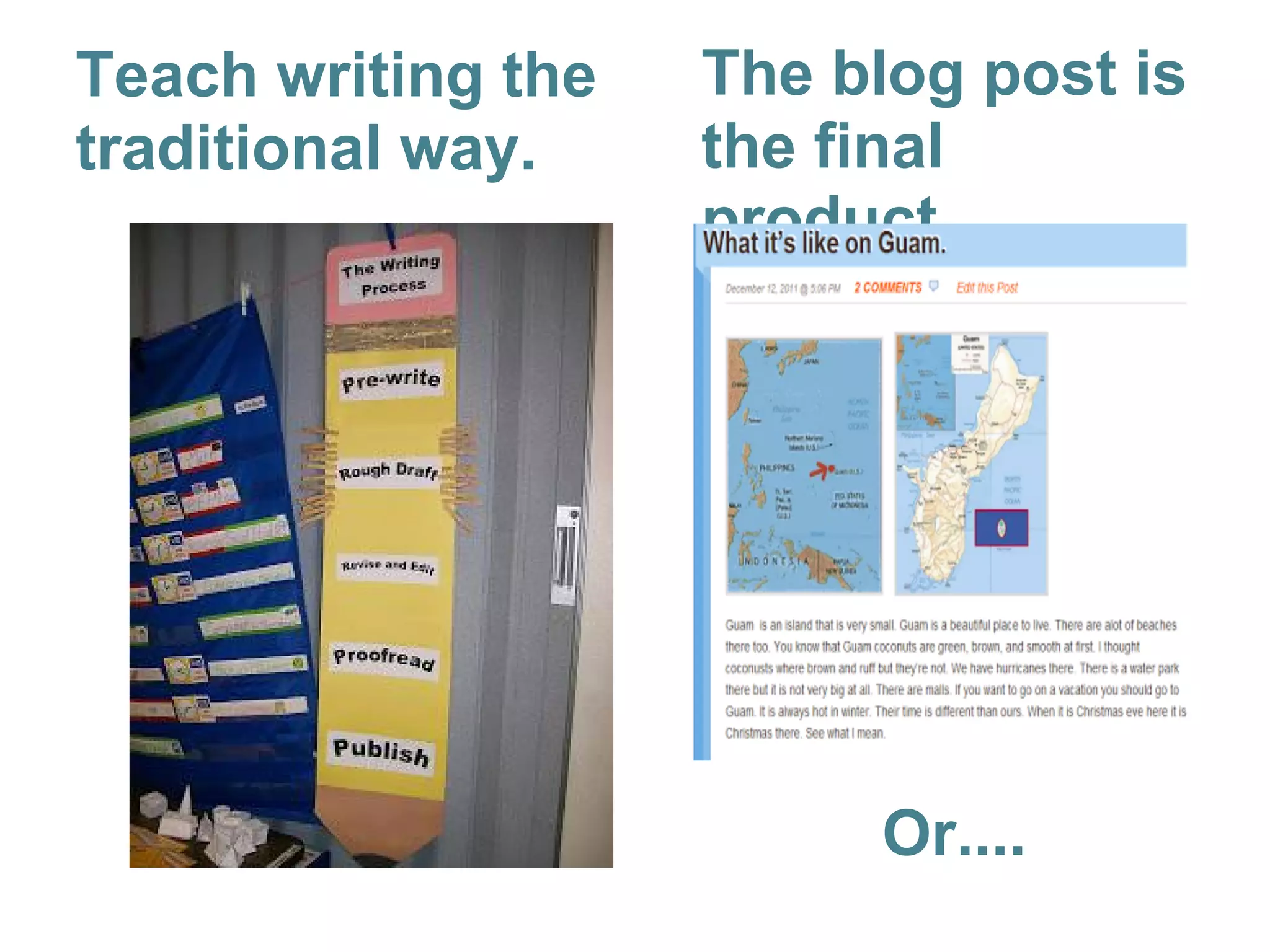 Teach writing the
traditional way.
The blog post is
the final
product.
Or....
 