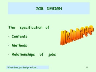 JOB  DESIGN The  specification  of  Contents Methods Relationships  of  jobs McJob??? What does job design include… 