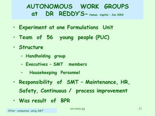 AUTONOMOUS  WORK  GROUPS at  DR  REDDY’S-  Human  Capital – Jan 2003 Experiment at one Formulations  Unit  Team  of  56  young  people (PUC) Structure Handholding  group  Executives – SMT  members Housekeeping  Personnel Responsibility  of  SMT – Maintenance, HR, Safety, Continuous /  process improvement  Was result  of  BPR Other  companies  using SMT 