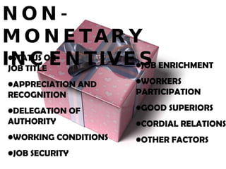 NON-MONETARY  INCENTIVES STATUS OR  JOB TITLE APPRECIATION AND RECOGNITION DELEGATION OF AUTHORITY WORKING CONDITIONS JOB SECURITY JOB ENRICHMENT WORKERS PARTICIPATION GOOD SUPERIORS CORDIAL RELATIONS OTHER FACTORS 