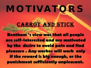 MOTIVATORS CARROT AND STICK Bentham ‘s view was that all people are self-interested and are motivated by the  desire to avoid pain and find pleasure . Any worker will work  only if the reward is big enough, or the punishment sufficiently unpleasant.   