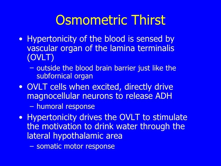 osmometric thirst Drinking water in response to thirst following fluid loss is a pleasant experience, whereas drinking water after thirst has been satiated is unpleasant the pleasantness of drinking when thirsty is associated with activation in the. osmometric thirst Drinking water in response to thirst following fluid loss is a pleasant experience, whereas drinking water after thirst has been satiated is unpleasant the pleasantness of drinking when thirsty is associated with activation in the.
