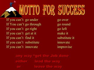 If you can’t  go under  go over If You can’t go through  go round If you can’t  go right  go left If you can’t  get at it  make it If you can’t  find it  substitute it If you can’t  substitute  innovate If you can’t  innovate  improvise any way “get the Job done  either  lead the way or  leave the way motto  for  success 