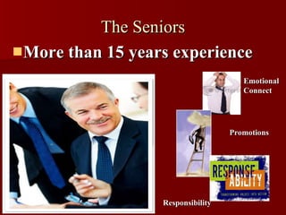 The Seniors <ul><li>More than 15 years experience </li></ul>Responsibility Promotions Emotional Connect 