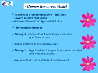 Human Resources Model  McGregor studied managers’  attitudes   toward human resources   –  discovered two broad types of attitudes  Summarized them as  –  Theory X :  people do not want to work and need  incentives to do so  •  implies employees are basically lazy  –  Theory Y  :  hypothesizes that people are self-motivated  and want to succeed  •  says people do not need to be forced to excel 
