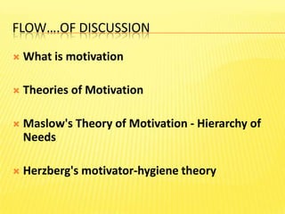 Flow….of discussion <br />What is motivation<br />Theories of Motivation<br />Maslow's Theory of Motivation - Hierarchy of...