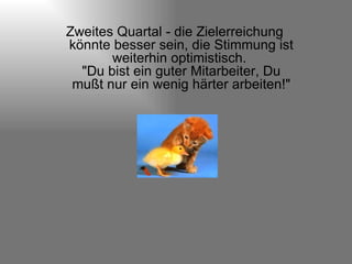 Zweites Quartal - die Zielerreichung könnte besser sein, die Stimmung ist weiterhin optimistisch.  "Du bist ein guter Mitarbeiter, Du mußt nur ein wenig härter arbeiten!" 
