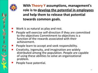 Work is as natural as play and rest.  People will exercise self-direction if they are committed to the objectives Commitment to objectives is a function of the rewards associated with their achievement.  People learn to accept and seek responsibility.  Creativity, ingenuity, and imagination are widely distributed among the population. People are capable of using these abilities to solve an organizational problem.  People have potential.  With  Theory Y  assumptions, management's role is to  develop the potential in employees  and help them to release that potential towards common goals. Motivation 