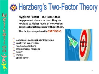 Hygiene Factor -   The factors that help prevent dissatisfaction. They do not lead to higher levels of motivation but dissatisfaction exists without them. The factors are primarily  extrinsic : company's policies & administration  quality of supervision  working conditions  interpersonal relations  salary  status  job security Herzberg’s Two-Factor Theory Motivation 
